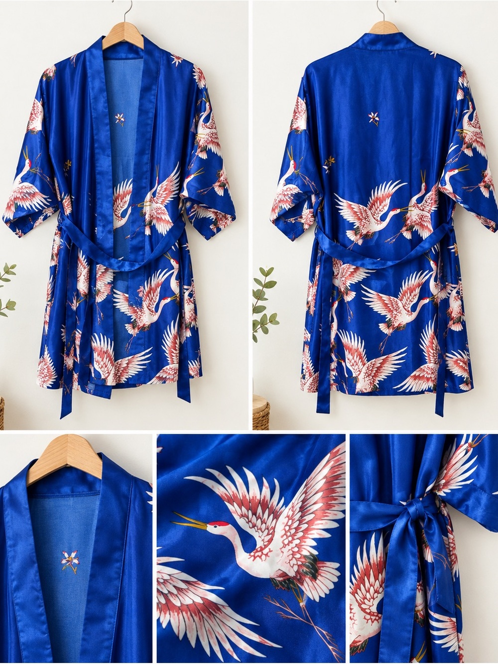 Women’s Blue Satin Crane Print Kimono Bathrobe